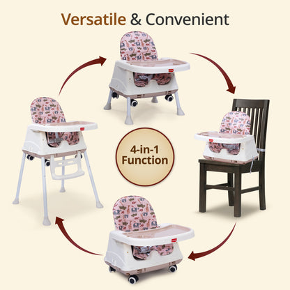 High Chair for Baby/Kids, Toddler Feeding Booster Seat with Wheels, 3 Height adjustments, With Cushion, 6 month to 3 years, Portable (Pink)