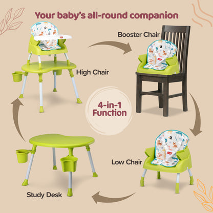 4 in 1 Convertible Baby High Chair with Printed Cushion, 3 Point Safety Belts, High Chair, Low Chair, Booster Chair and Table for Baby, Removable & Washable Food Tray 6 Months+, Green