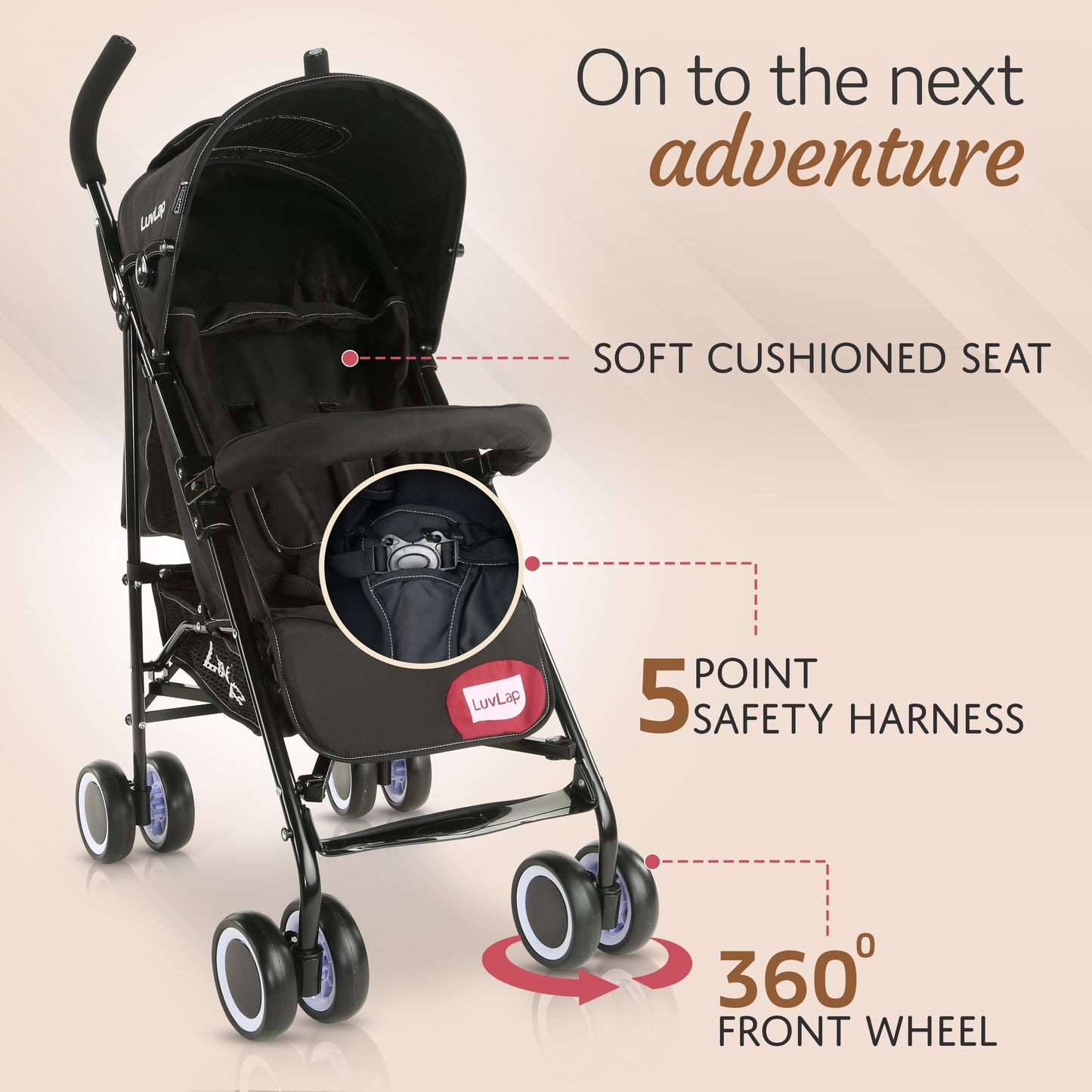 City Baby Stroller/Buggy, Lightweight, Compact & Travel Friendly Baby pram, for 6-36 Months Baby, 5 Point Safety Harness, Adjustable seat Recline, extendable Canopy, 15Kg Capacity (Black)