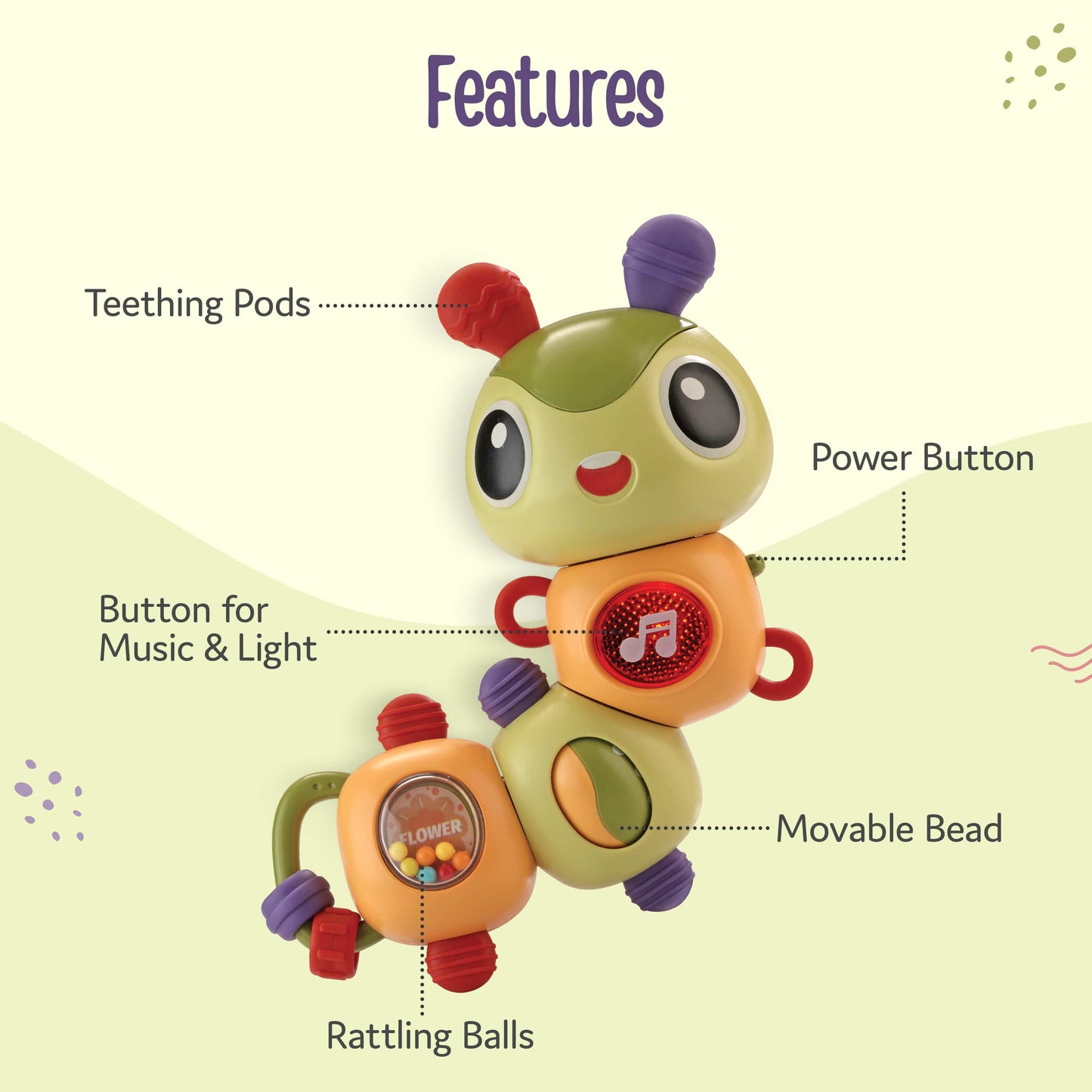 LuvLap Toy Ringing Caterpillar, Dancing Caterpiller Wind-Up Toys Activities for Preschool, Insect Toy for Kids, Battery Operated Interactive Baby Toys with Music and Light, BPA Free