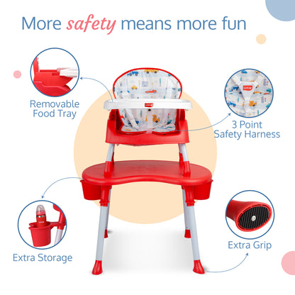 LuvLap 4 in 1 Convertible Baby High Chair with Printed Cushion, 5 Point Safety Belts, High Chair, Low Chair, Booster Chair and Table for Baby, Removable & Washable Food Tray 6 Months+, Red