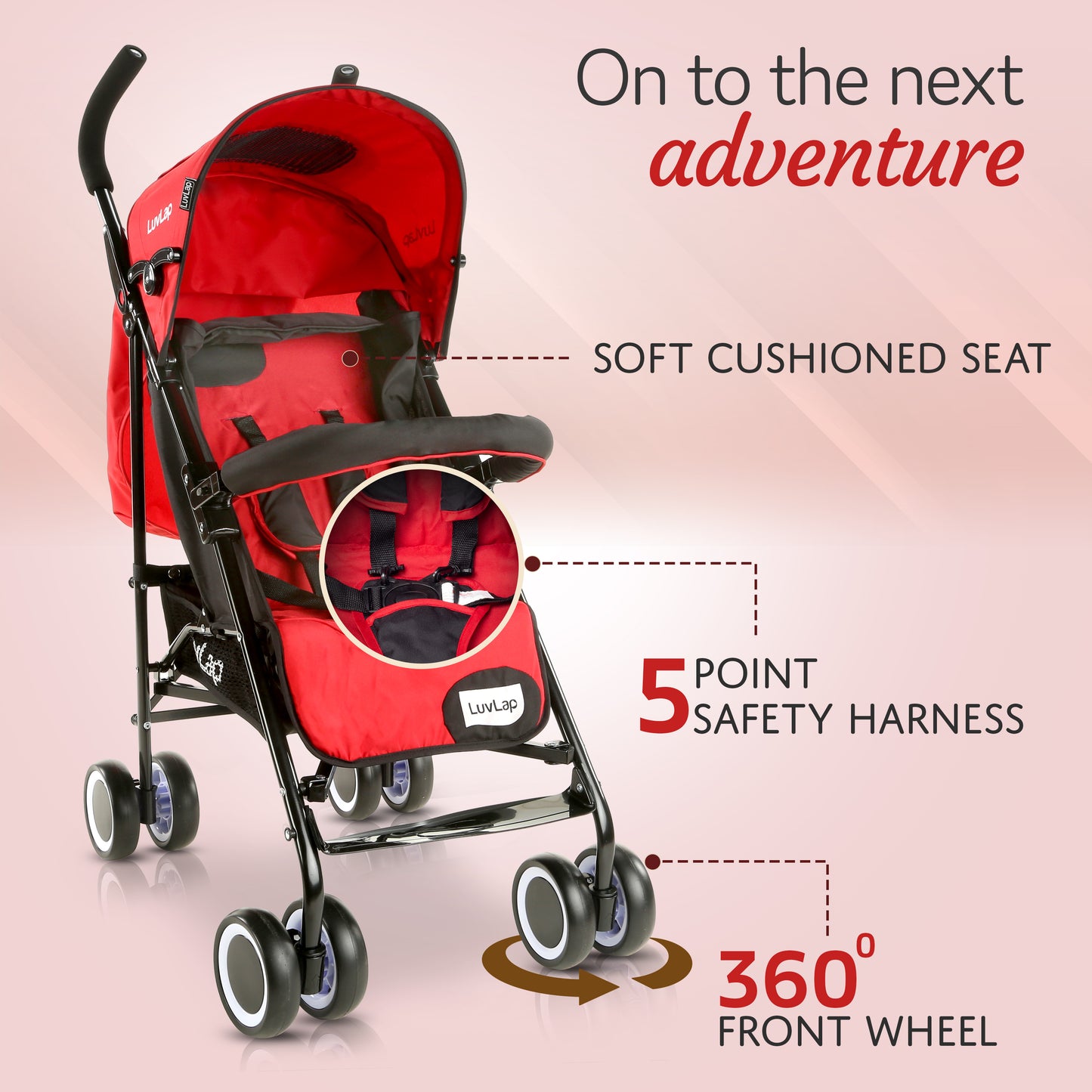 City Baby Stroller/Buggy, Lightweight, Compact & Travel Friendly pram, for 6-36 Months Baby, 5 Point Safety Harness, Adjustable seat Recline, extendable Canopy, 15Kg Capacity (Red)
