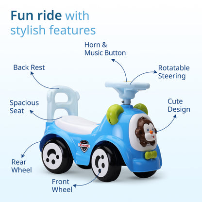 Sunny Ride on & Car for Kids with Music & Horn Steering, Push Car for Baby with Backrest, Safety Guard, Under Seat Storage & Big Wheels, Ride on for Kids 1 to 3 Years Upto 25 Kgs (Blue)