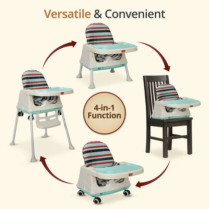 4In1 High Chair For Baby/Kids, Toddler Feeding Booster Seat With Wheels, 3 Height Adjustments, With Cushion, 6 Month To 3 Years, Portable (Blue)