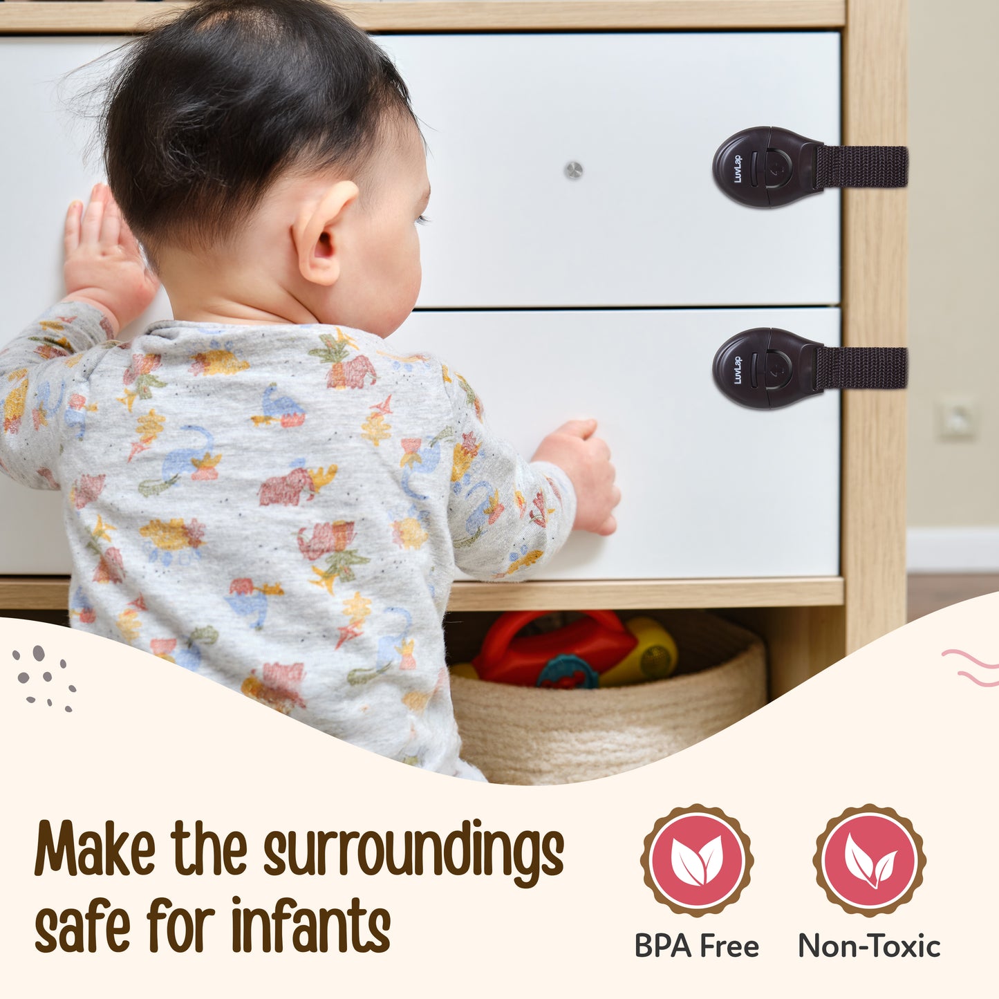 LuvLap Baby Safety Furniture Locks, Pack of 10, Adjustable and Flexible with 3M Adhesive, Safety Locks for Kids, Child Safety Locks for Drawers, Cabinets, Fridge, Cupboard (Brown)