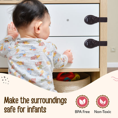 LuvLap Baby Safety Furniture Locks, Pack of 10, Adjustable and Flexible with 3M Adhesive, Safety Locks for Kids, Child Safety Locks for Drawers, Cabinets, Fridge, Cupboard (Brown)