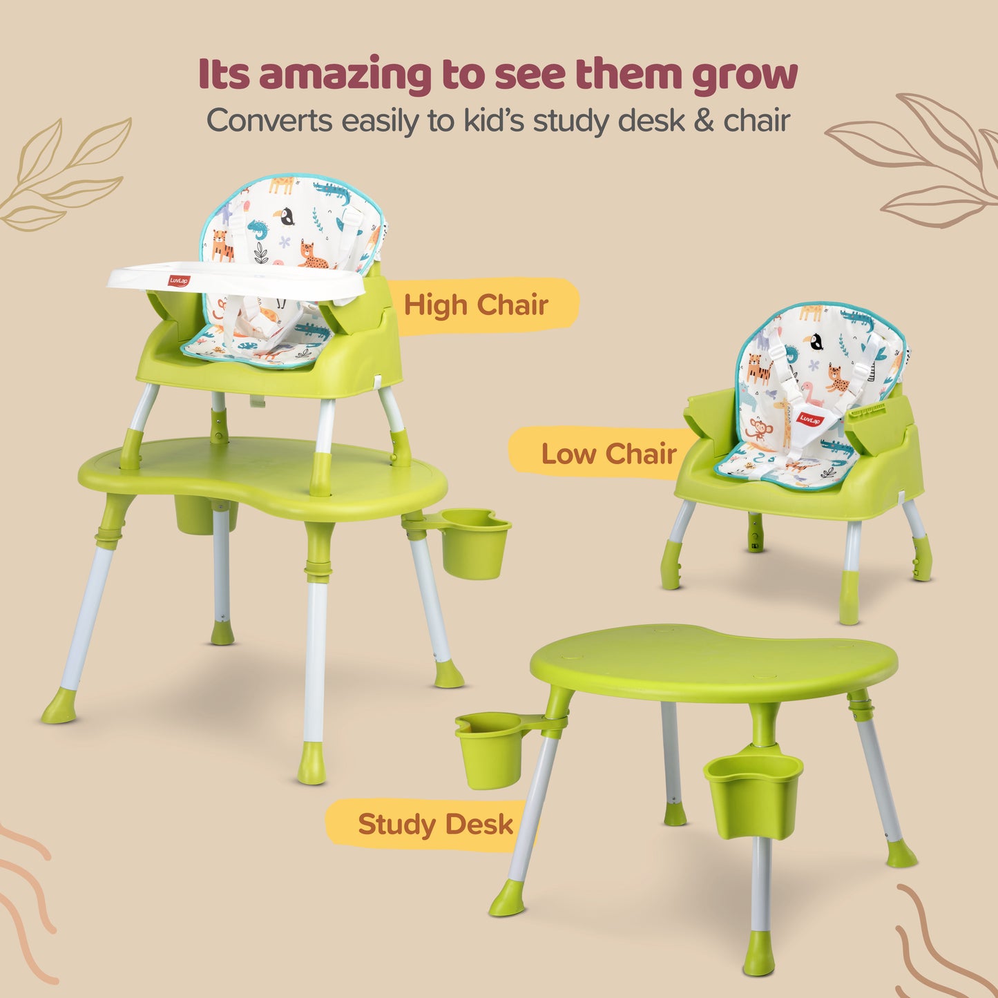 4 in 1 Convertible Baby High Chair with Printed Cushion, 3 Point Safety Belts, High Chair, Low Chair, Booster Chair and Table for Baby, Removable & Washable Food Tray 6 Months+, Green