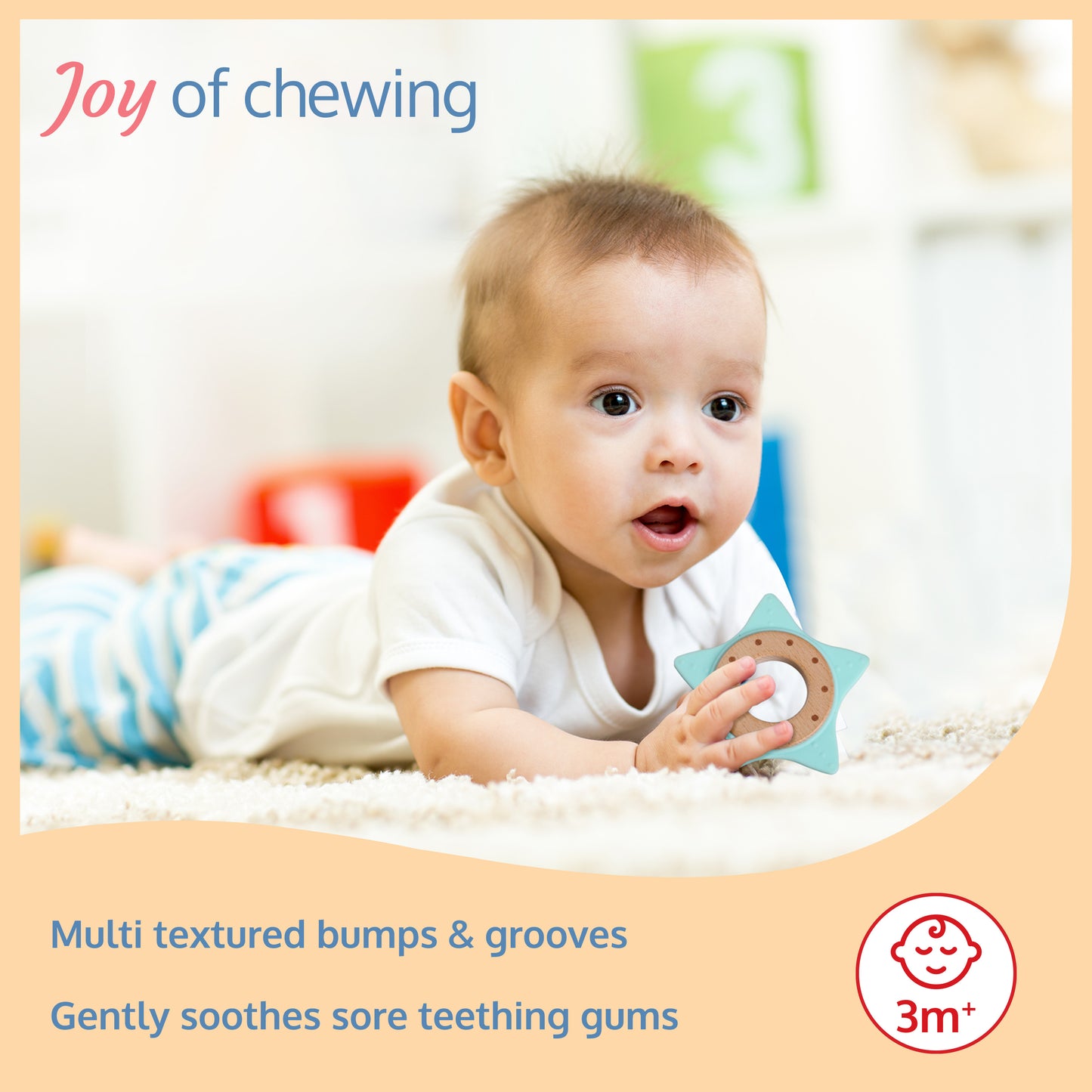 Baby Silicone Teether with Beech Wood Inner Ring, Light Green, Easy Grip, 3M+ Babies