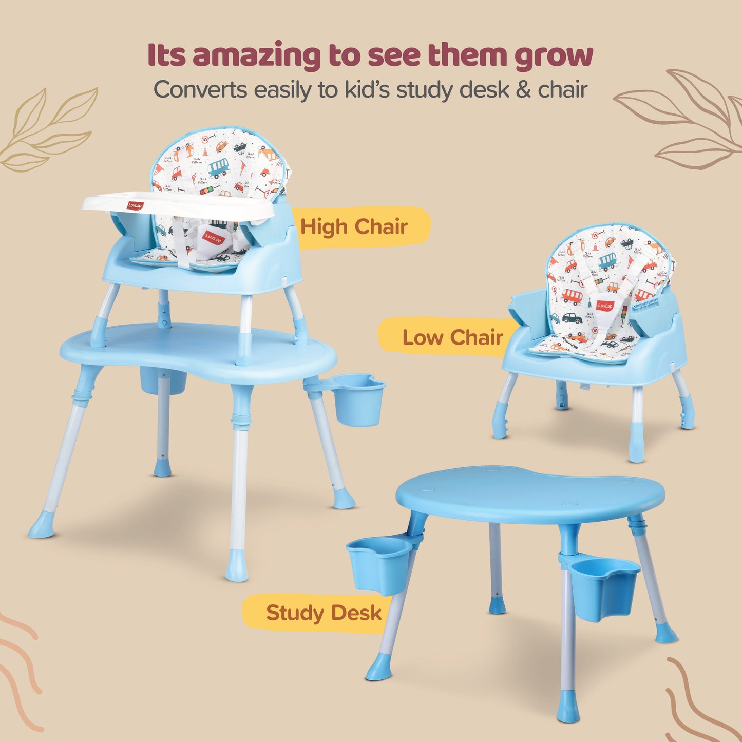 4 in 1 Convertible Baby High Chair with 3 Point Safety Belts, High Chair, Low Chair, Booster Chair and Table for Baby, Removable & Washable Food Tray 6 Months+ (Blue)