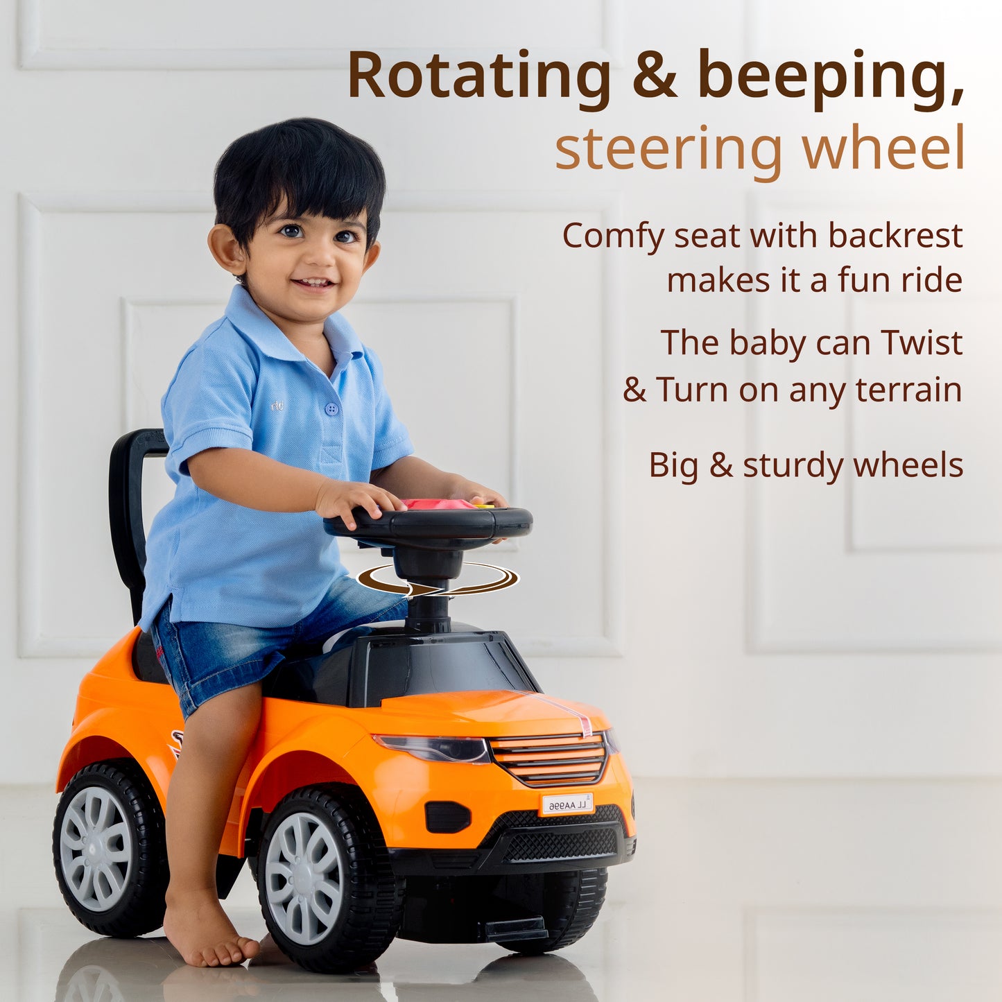 Sunny Ride on & Car for Kids with Music & Horn Steering, Push Car for Baby with Backrest, Safety Guard, Under Seat Storage & Big Wheels, Ride on for Kids 1 to 3 Years Upto 25 Kgs (Orange)