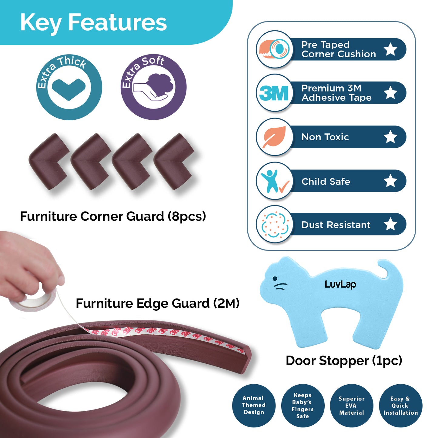 Baby Safety Combo Pack, 2 metre Edge Protector, 4 Furniture Corner Guards, One Door Stopper