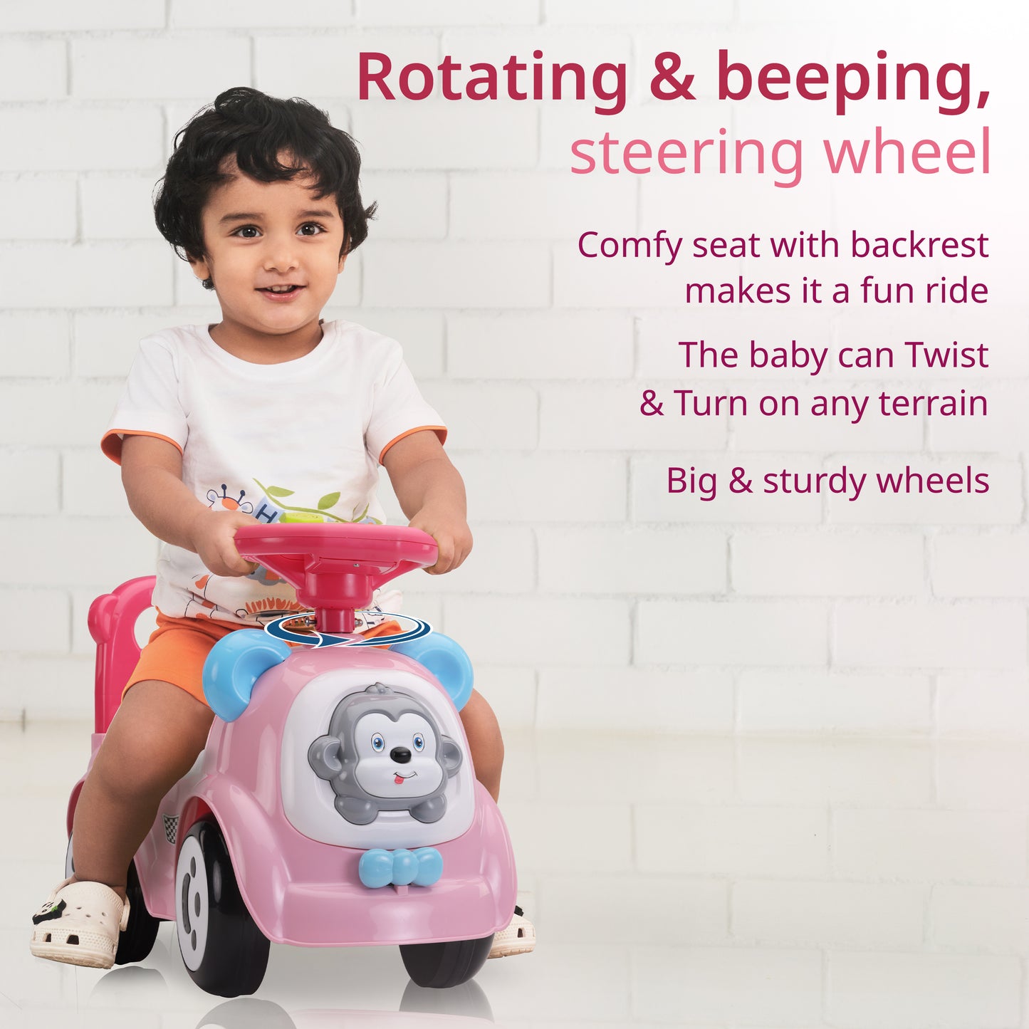 Sunny Ride on & Car for Kids with Music & Horn Steering, Push Car for Baby with Backrest, Safety Guard, Under Seat Storage & Big Wheels, Ride on for Kids 1 to 3 Years Upto 25 Kgs (Pink)