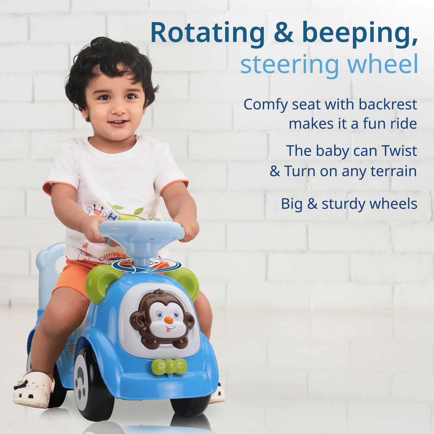 Sunny Ride on & Car for Kids with Music & Horn Steering, Push Car for Baby with Backrest, Safety Guard, Under Seat Storage & Big Wheels, Ride on for Kids 1 to 3 Years Upto 25 Kgs (Blue)