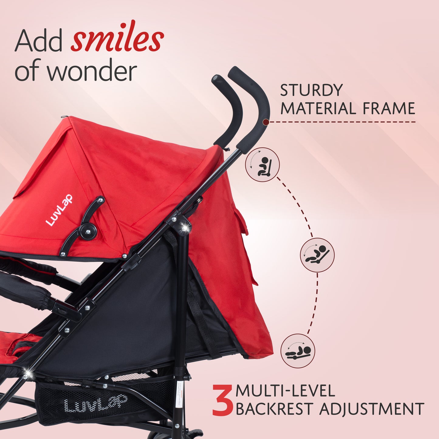 City Baby Stroller/Buggy, Lightweight, Compact & Travel Friendly pram, for 6-36 Months Baby, 5 Point Safety Harness, Adjustable seat Recline, extendable Canopy, 15Kg Capacity (Red)