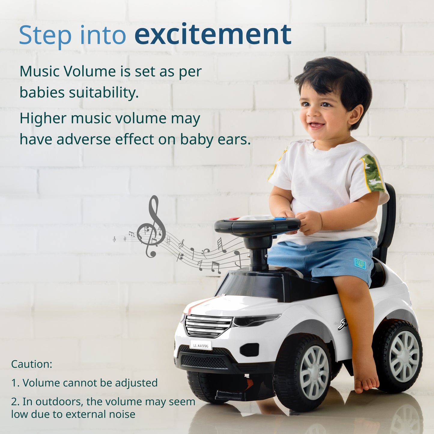 Starlight Ride on & Car for Kids with Music & Horn Steering, Push Car for Baby with Backrest, Safety Guard, Under Seat Storage & Big Wheels, Ride on for Kids 1 to 3 Years Upto 25 Kgs (White)