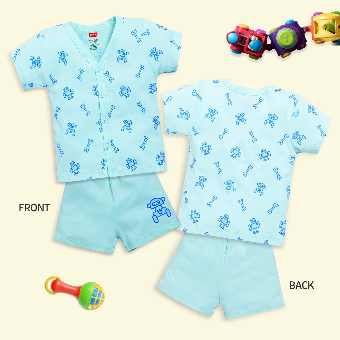 Baby Boys & Girls Regular Fit 100% Cotton Half Sleeve Jhabla & Shorts Sets Pack Of 3, Peach Whip, Sea Green & Soothing Sea