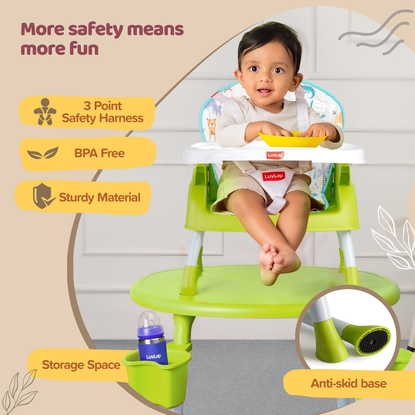4 in 1 Convertible Baby High Chair with Printed Cushion, 3 Point Safety Belts, High Chair, Low Chair, Booster Chair and Table for Baby, Removable & Washable Food Tray 6 Months+, Green