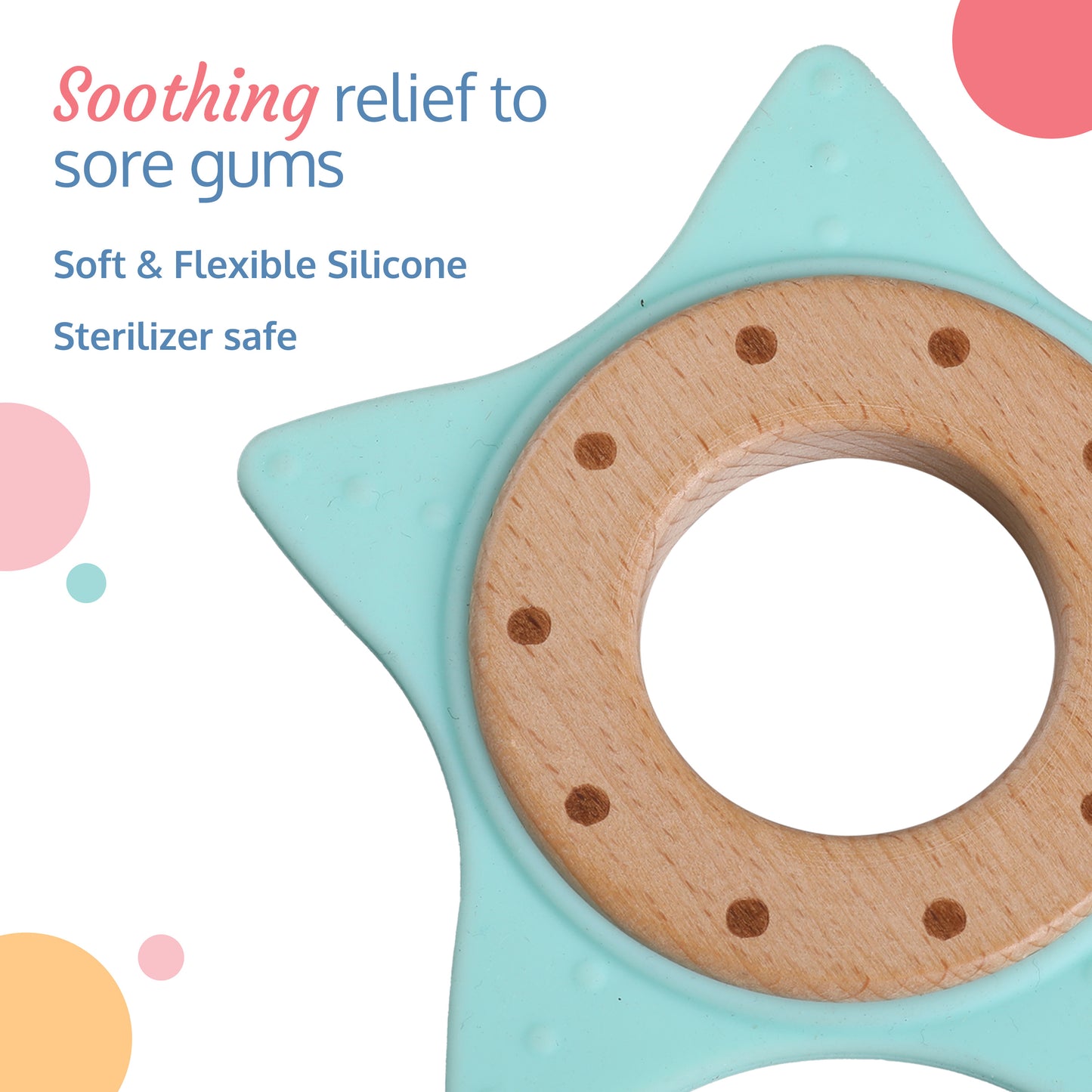 Baby Silicone Teether with Beech Wood Inner Ring, Light Green, Easy Grip, 3M+ Babies