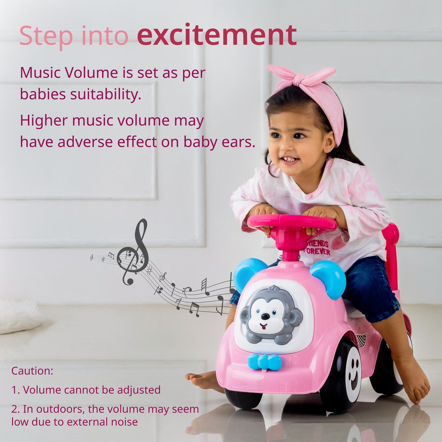 Sunny Ride on & Car for Kids with Music & Horn Steering, Push Car for Baby with Backrest, Safety Guard, Under Seat Storage & Big Wheels, Ride on for Kids 1 to 3 Years Upto 25 Kgs (Pink)