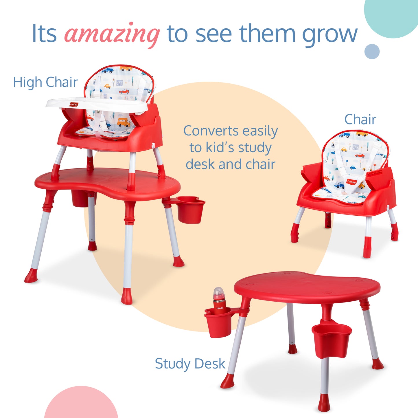 LuvLap 4 in 1 Convertible Baby High Chair with Printed Cushion, 5 Point Safety Belts, High Chair, Low Chair, Booster Chair and Table for Baby, Removable & Washable Food Tray 6 Months+, Red