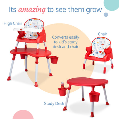 LuvLap 4 in 1 Convertible Baby High Chair with Printed Cushion, 5 Point Safety Belts, High Chair, Low Chair, Booster Chair and Table for Baby, Removable & Washable Food Tray 6 Months+, Red