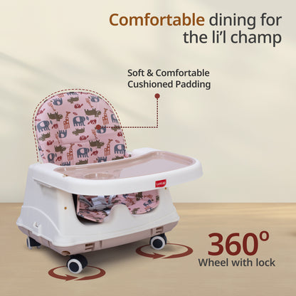 High Chair for Baby/Kids, Toddler Feeding Booster Seat with Wheels, 3 Height adjustments, With Cushion, 6 month to 3 years, Portable (Pink)