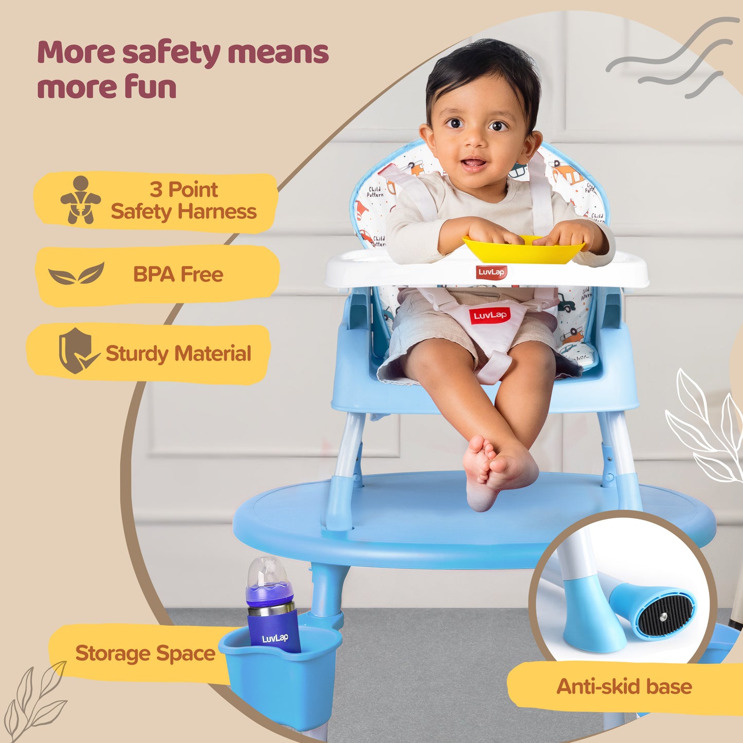 4 in 1 Convertible Baby High Chair with 3 Point Safety Belts, High Chair, Low Chair, Booster Chair and Table for Baby, Removable & Washable Food Tray 6 Months+ (Blue)