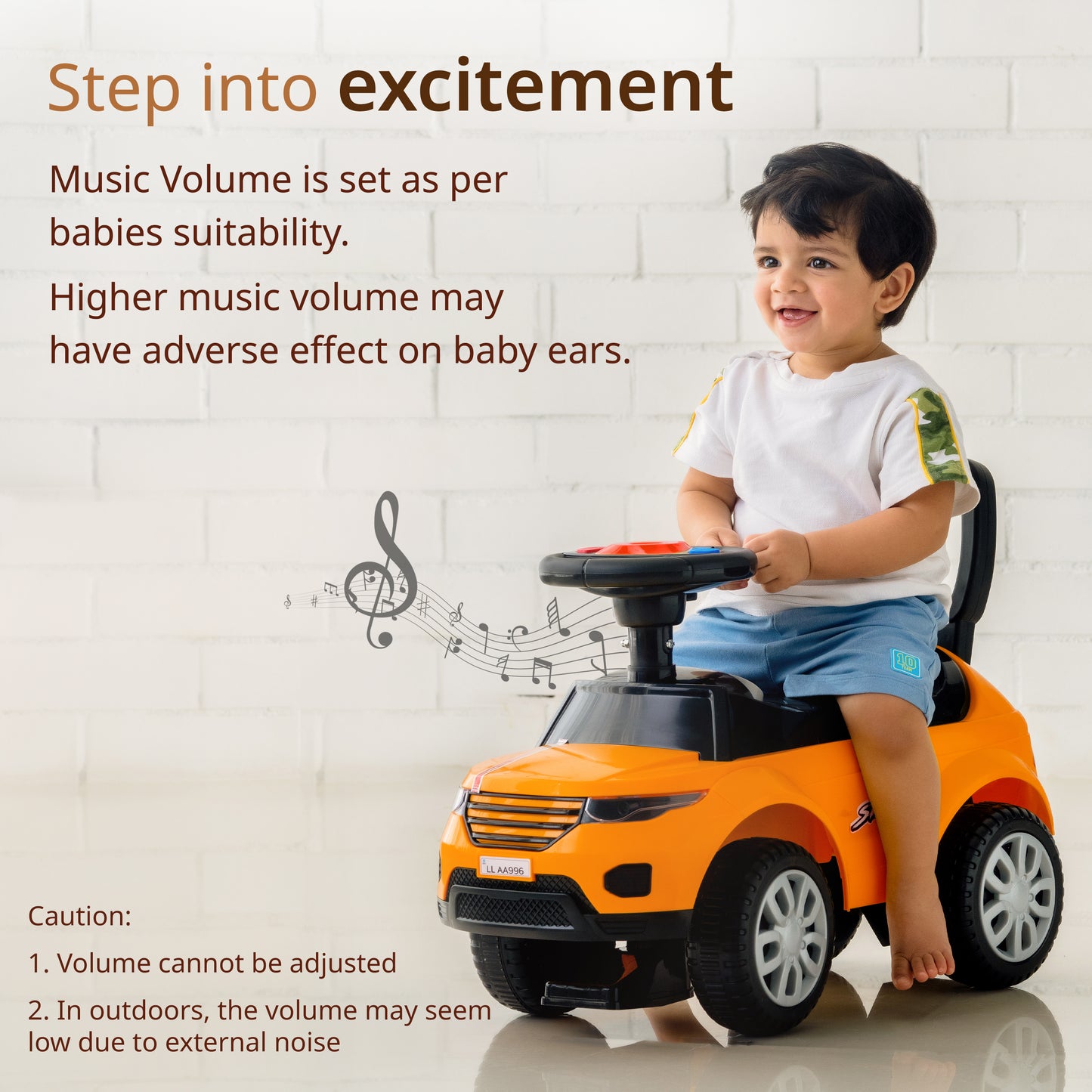 Sunny Ride on & Car for Kids with Music & Horn Steering, Push Car for Baby with Backrest, Safety Guard, Under Seat Storage & Big Wheels, Ride on for Kids 1 to 3 Years Upto 25 Kgs (Orange)