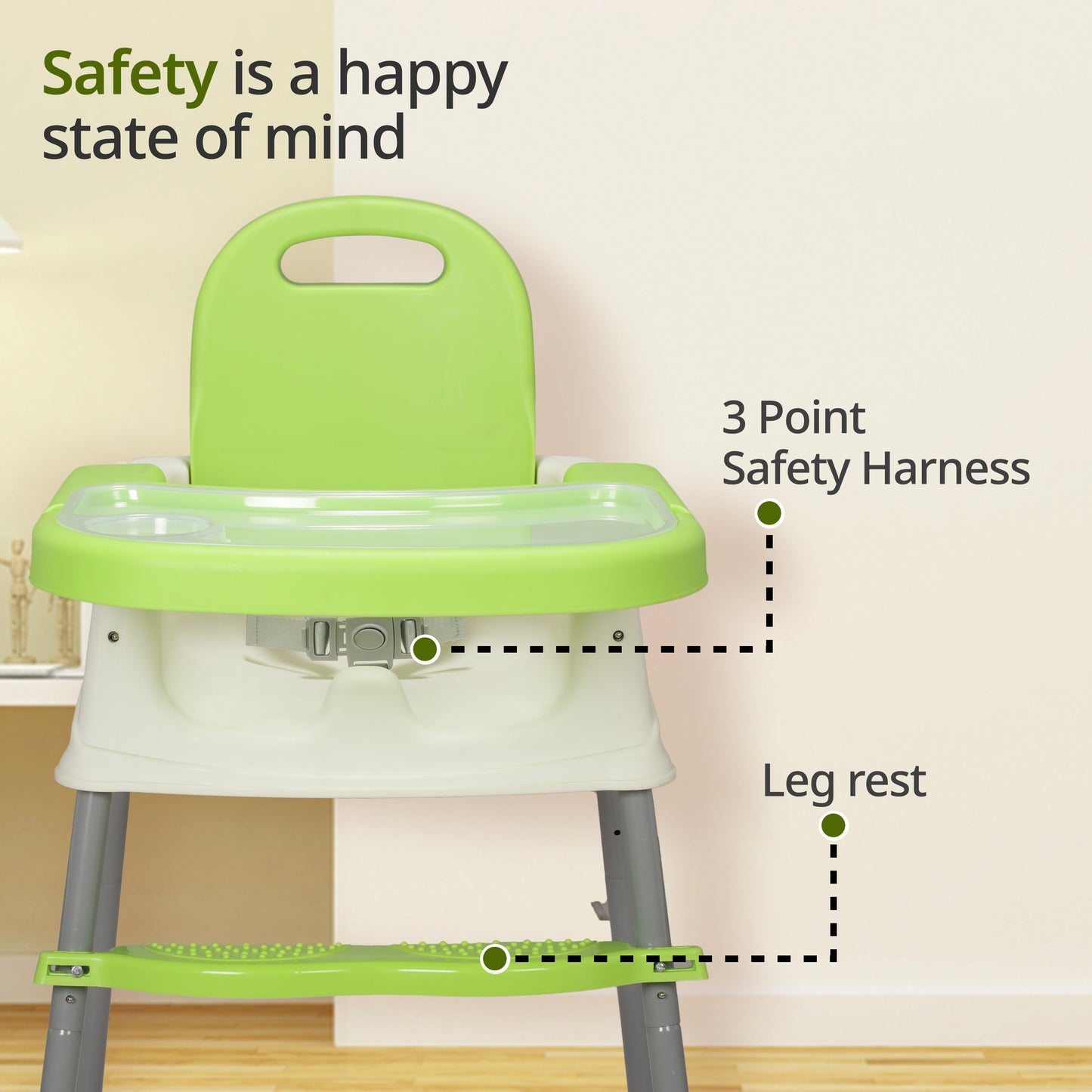 4 in 1 Convertible Baby High Chair with footrest, Convertible to High Chair, Low Chair, & Booster Seat, Essential for Baby Feeding (Green)