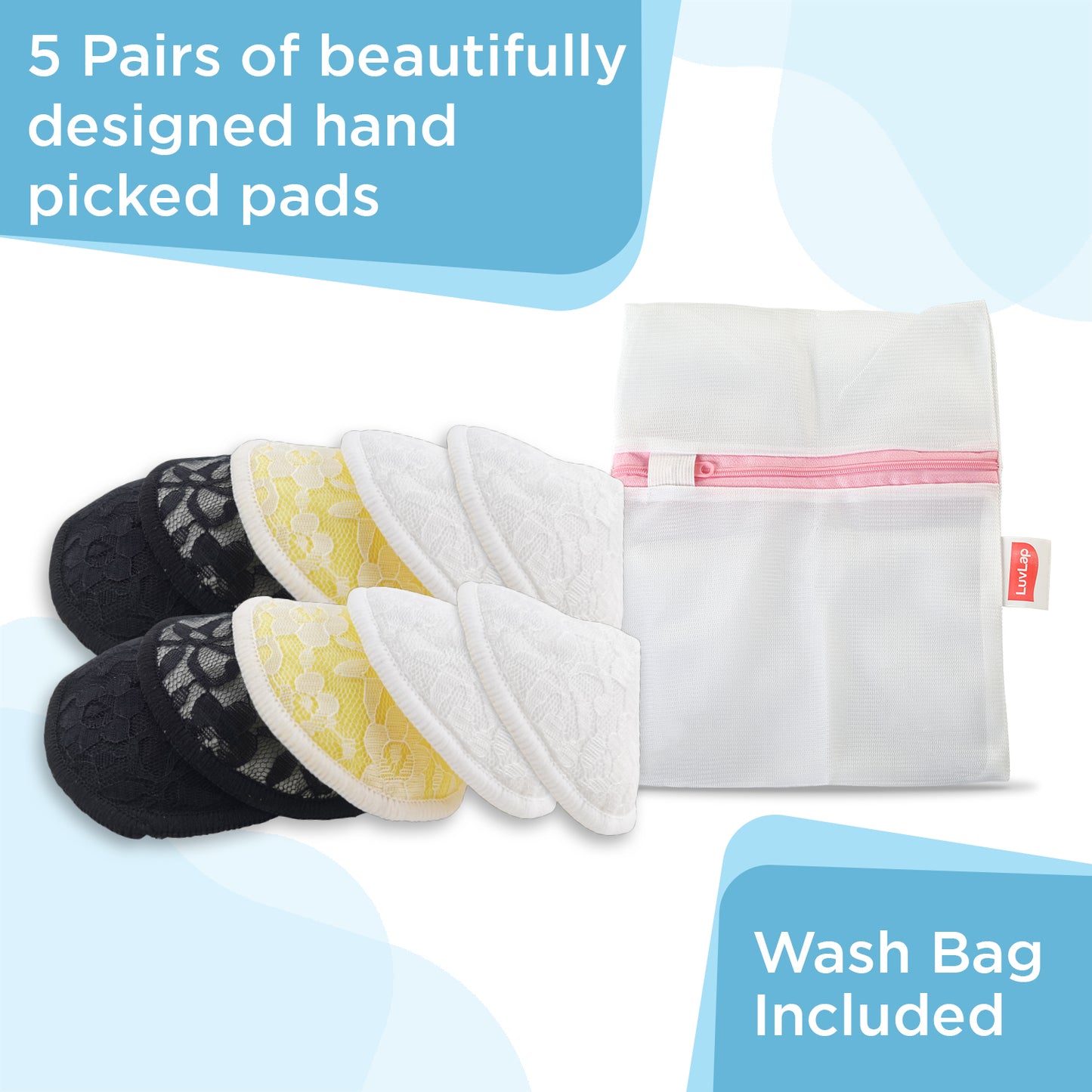 Natural Bamboo Washable Nursing Breast Pads with Lace, 10Pc