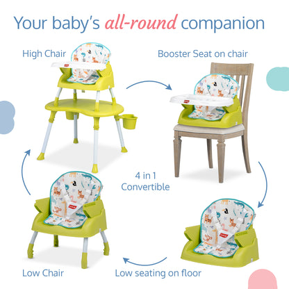 LuvLap 4 in 1 Convertible Baby High Chair with Printed Cushion, 5 Point Safety Belts, High Chair, Low Chair, Booster Chair and Table for Baby, Removable & Washable Food Tray 6 Months+, Green