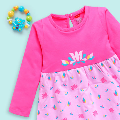 Baby Girls 100% Cotton Full Sleeve Girl Frock Pack Of 3, Morning Glory, Fuschia & Pastel Green
