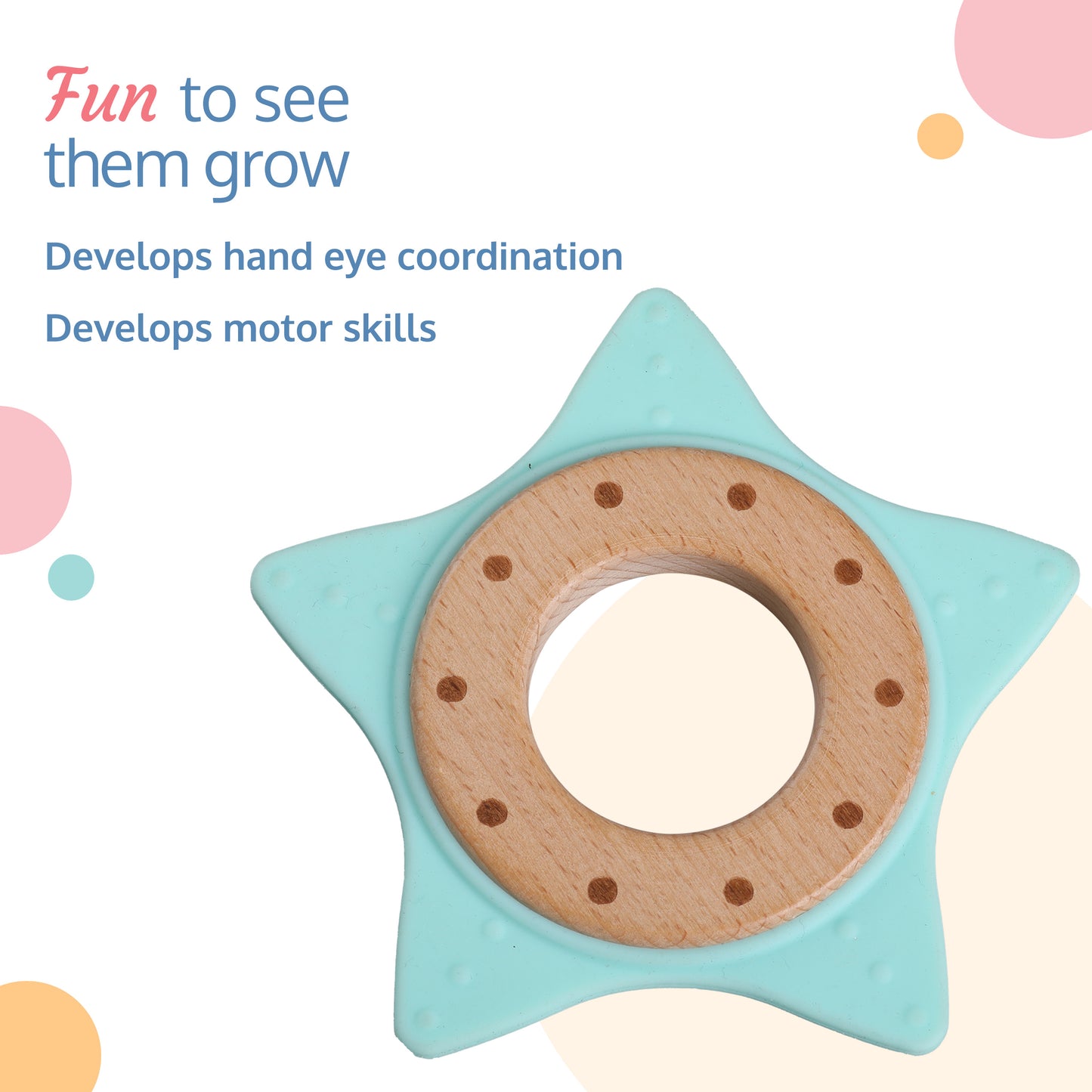 Baby Silicone Teether with Beech Wood Inner Ring, Light Green, Easy Grip, 3M+ Babies