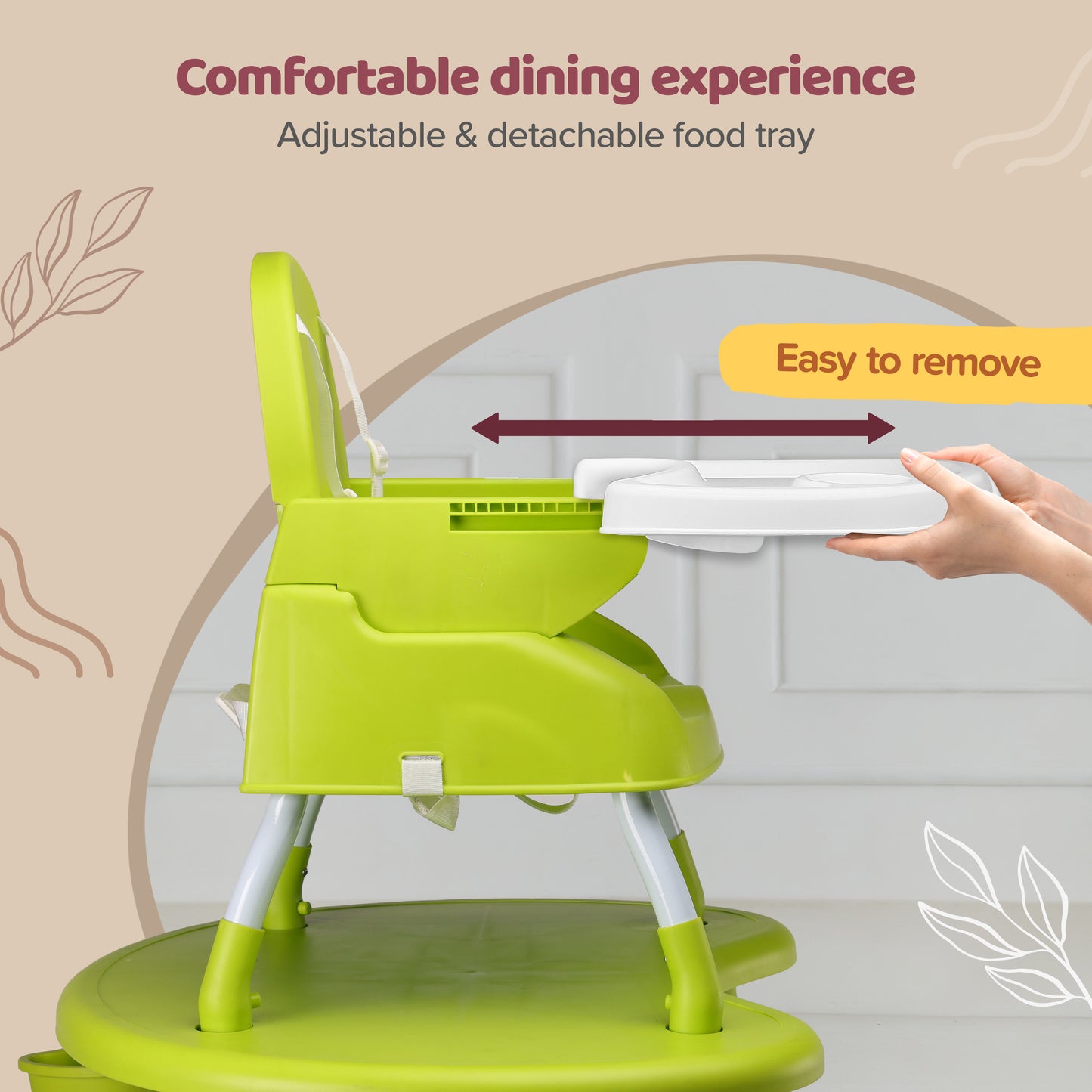 4 in 1 Convertible Baby High Chair with Printed Cushion, 3 Point Safety Belts, High Chair, Low Chair, Booster Chair and Table for Baby, Removable & Washable Food Tray 6 Months+, Green