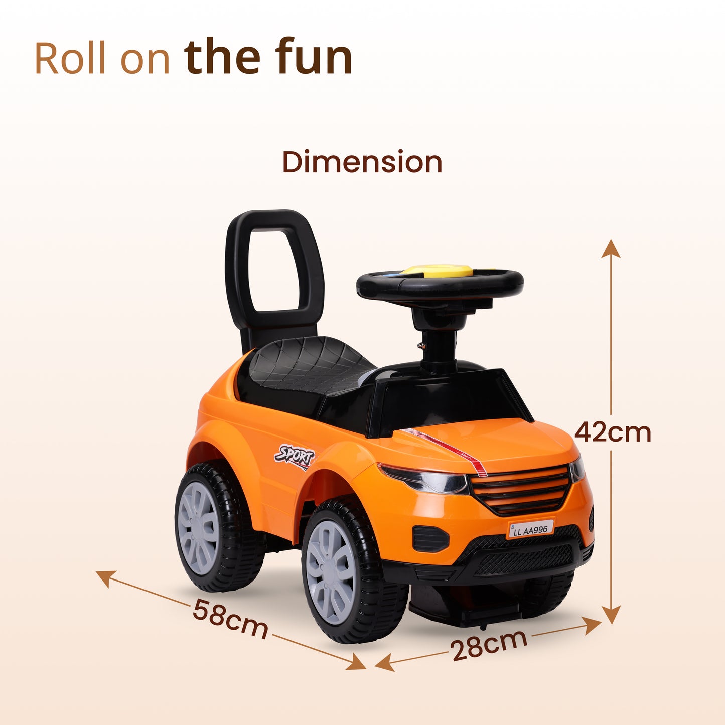 Sunny Ride on & Car for Kids with Music & Horn Steering, Push Car for Baby with Backrest, Safety Guard, Under Seat Storage & Big Wheels, Ride on for Kids 1 to 3 Years Upto 25 Kgs (Orange)