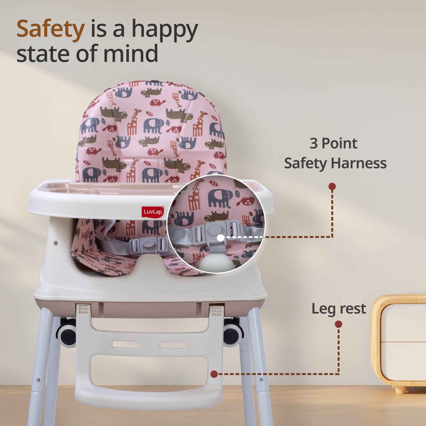 High Chair for Baby/Kids, Toddler Feeding Booster Seat with Wheels, 3 Height adjustments, With Cushion, 6 month to 3 years, Portable (Pink)