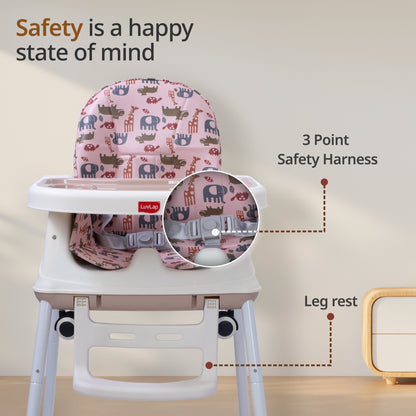 High Chair for Baby/Kids, Toddler Feeding Booster Seat with Wheels, 3 Height adjustments, With Cushion, 6 month to 3 years, Portable (Pink)