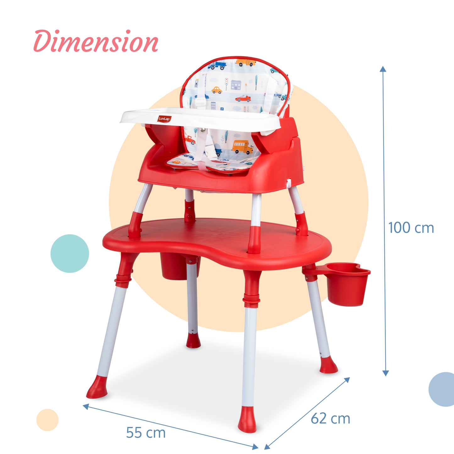 LuvLap 4 in 1 Convertible Baby High Chair with Printed Cushion, 5 Point Safety Belts, High Chair, Low Chair, Booster Chair and Table for Baby, Removable & Washable Food Tray 6 Months+, Red