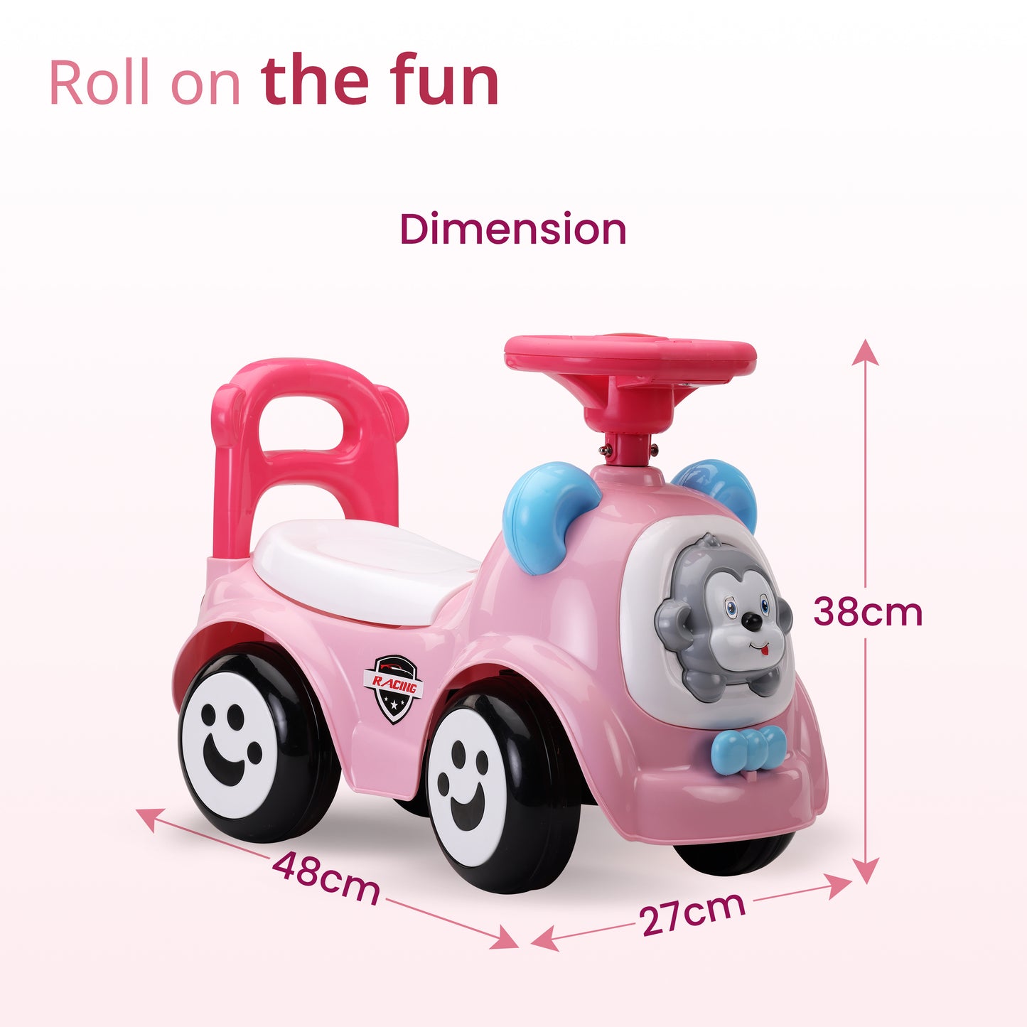 Sunny Ride on & Car for Kids with Music & Horn Steering, Push Car for Baby with Backrest, Safety Guard, Under Seat Storage & Big Wheels, Ride on for Kids 1 to 3 Years Upto 25 Kgs (Pink)