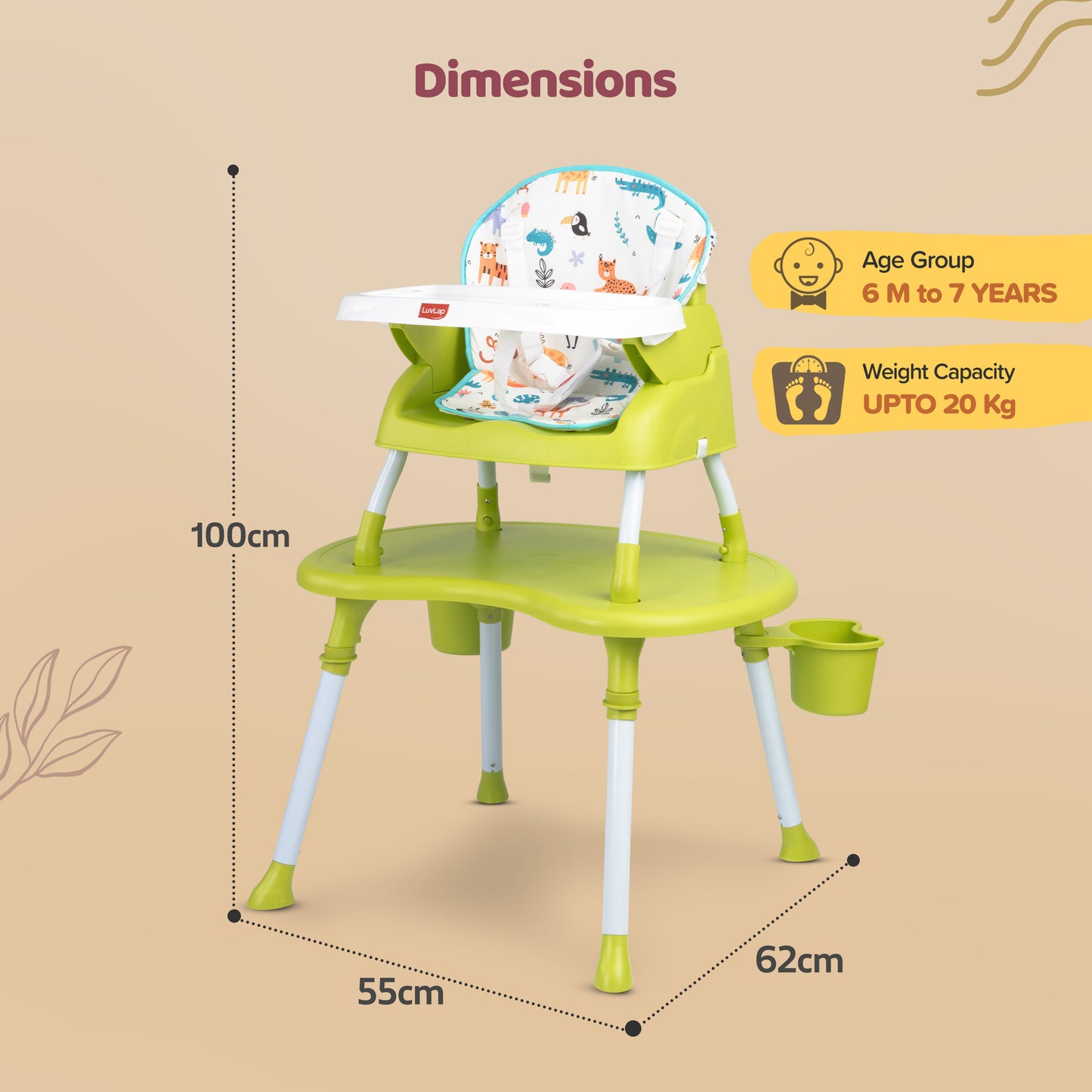 4 in 1 Convertible Baby High Chair with Printed Cushion, 3 Point Safety Belts, High Chair, Low Chair, Booster Chair and Table for Baby, Removable & Washable Food Tray 6 Months+, Green