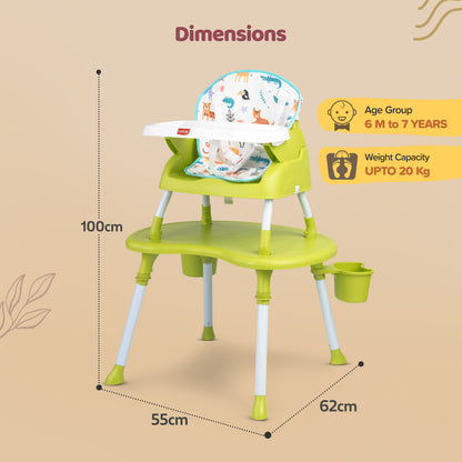 4 in 1 Convertible Baby High Chair with Printed Cushion, 3 Point Safety Belts, High Chair, Low Chair, Booster Chair and Table for Baby, Removable & Washable Food Tray 6 Months+, Green