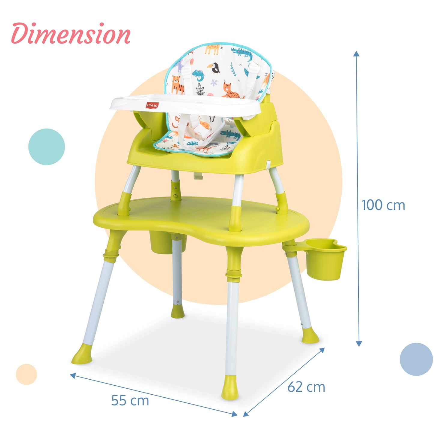 LuvLap 4 in 1 Convertible Baby High Chair with Printed Cushion, 5 Point Safety Belts, High Chair, Low Chair, Booster Chair and Table for Baby, Removable & Washable Food Tray 6 Months+, Green