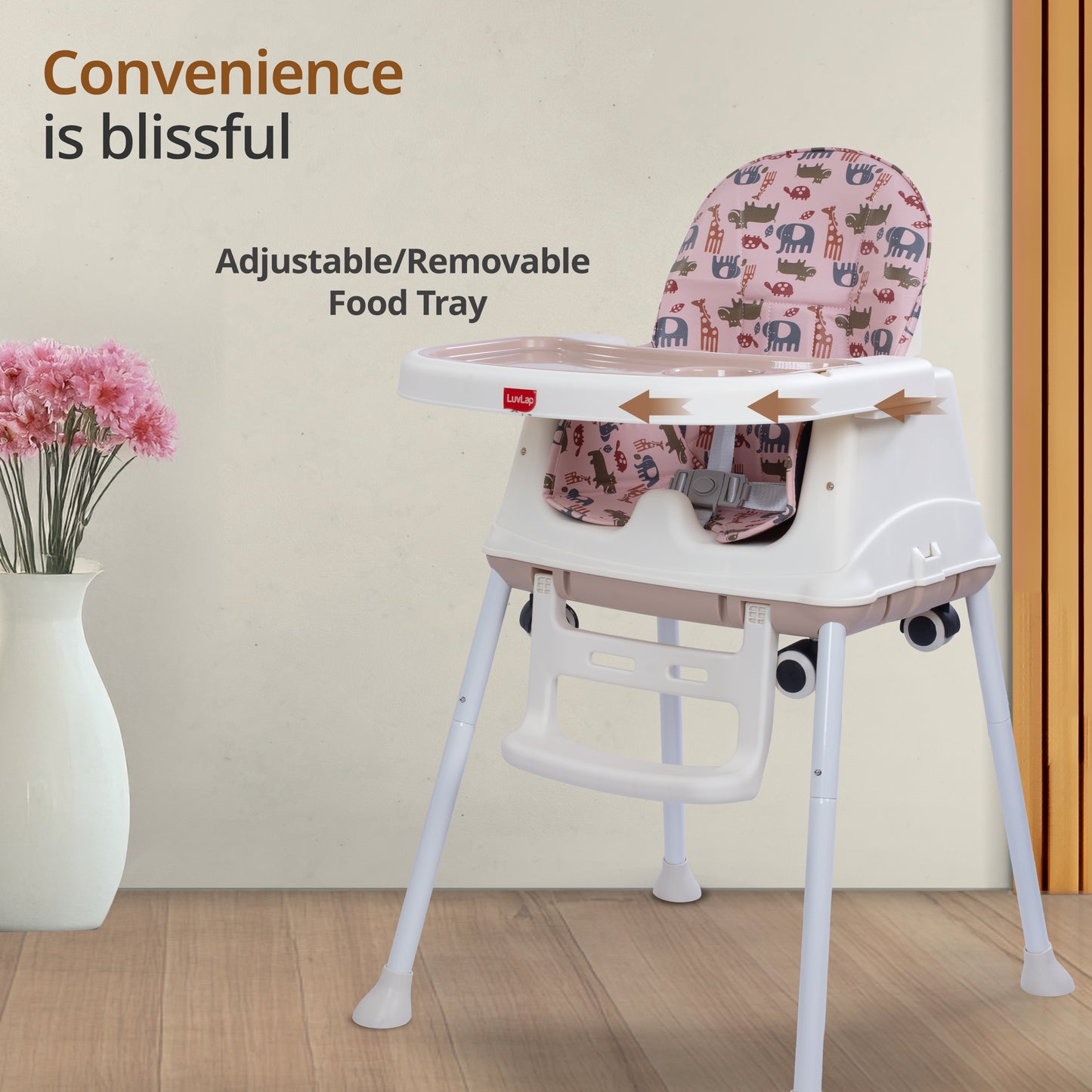 High Chair for Baby/Kids, Toddler Feeding Booster Seat with Wheels, 3 Height adjustments, With Cushion, 6 month to 3 years, Portable (Pink)