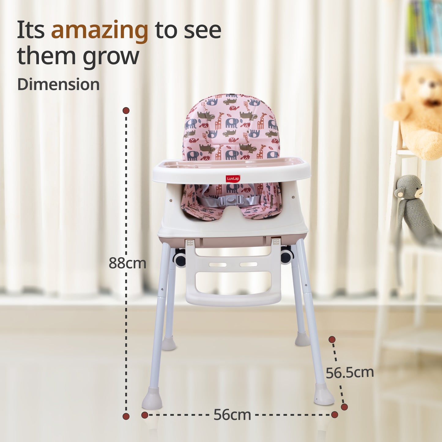 High Chair for Baby/Kids, Toddler Feeding Booster Seat with Wheels, 3 Height adjustments, With Cushion, 6 month to 3 years, Portable (Pink)