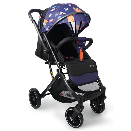 Alpha Baby Stroller / Pram with 5 point Safety Harness, Reversible Handle bar, Looking Window, Multi Level Recline & adjustable footrest, Extendable canopy, For babies 0 - 3 years (Blue)