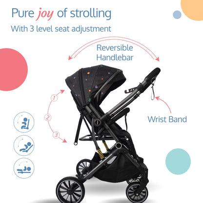 Alpha Baby Stroller / Pram with 5 point Safety Harness, Reversible Handle bar, Looking Window, Multi Level Recline & adjustable footrest, Extendable canopy, For babies 0 - 3 years (Black)