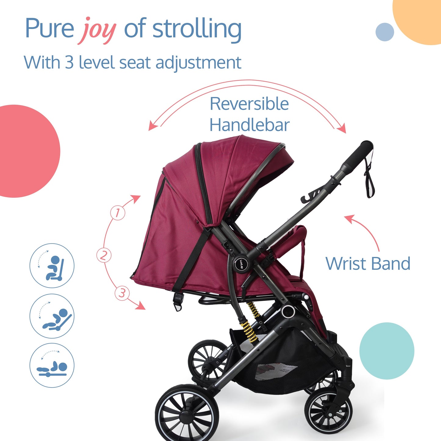 Alpha Baby Stroller / Pram with 5 point Safety Harness, Reversible Handle bar, Looking Window, Multi Level Recline & adjustable footrest, Extendable canopy, For babies 0 - 3 years (Red)