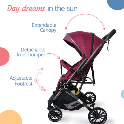 Alpha Baby Stroller / Pram with 5 point Safety Harness, Reversible Handle bar, Looking Window, Multi Level Recline & adjustable footrest, Extendable canopy, For babies 0 - 3 years (Red)