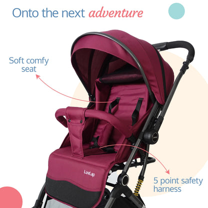 Alpha Baby Stroller / Pram with 5 point Safety Harness, Reversible Handle bar, Looking Window, Multi Level Recline & adjustable footrest, Extendable canopy, For babies 0 - 3 years (Red)