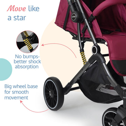 Alpha Baby Stroller / Pram with 5 point Safety Harness, Reversible Handle bar, Looking Window, Multi Level Recline & adjustable footrest, Extendable canopy, For babies 0 - 3 years (Red)